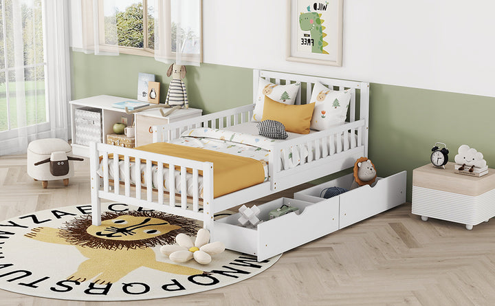 twin-size-wood-platform-bed-with-guardrails-and-two-storage-drawers-in-white