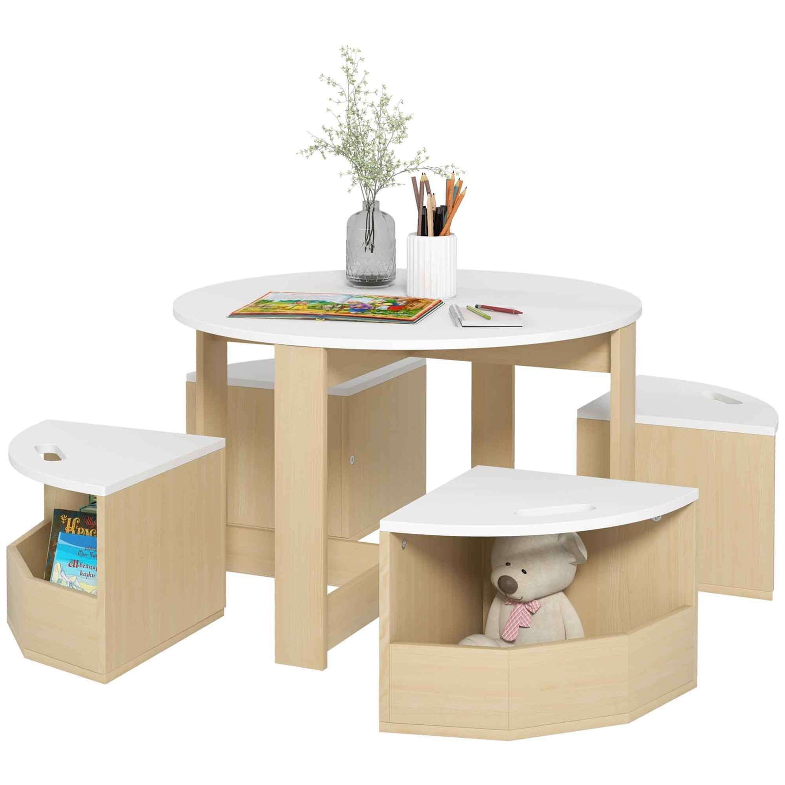 Qaba Kids Table and Chairs Set, 5 Piece Toddler Table and Chairs Set with Storage for Art, Craft, Drawing, Playroom, Classroom, Nursery, White