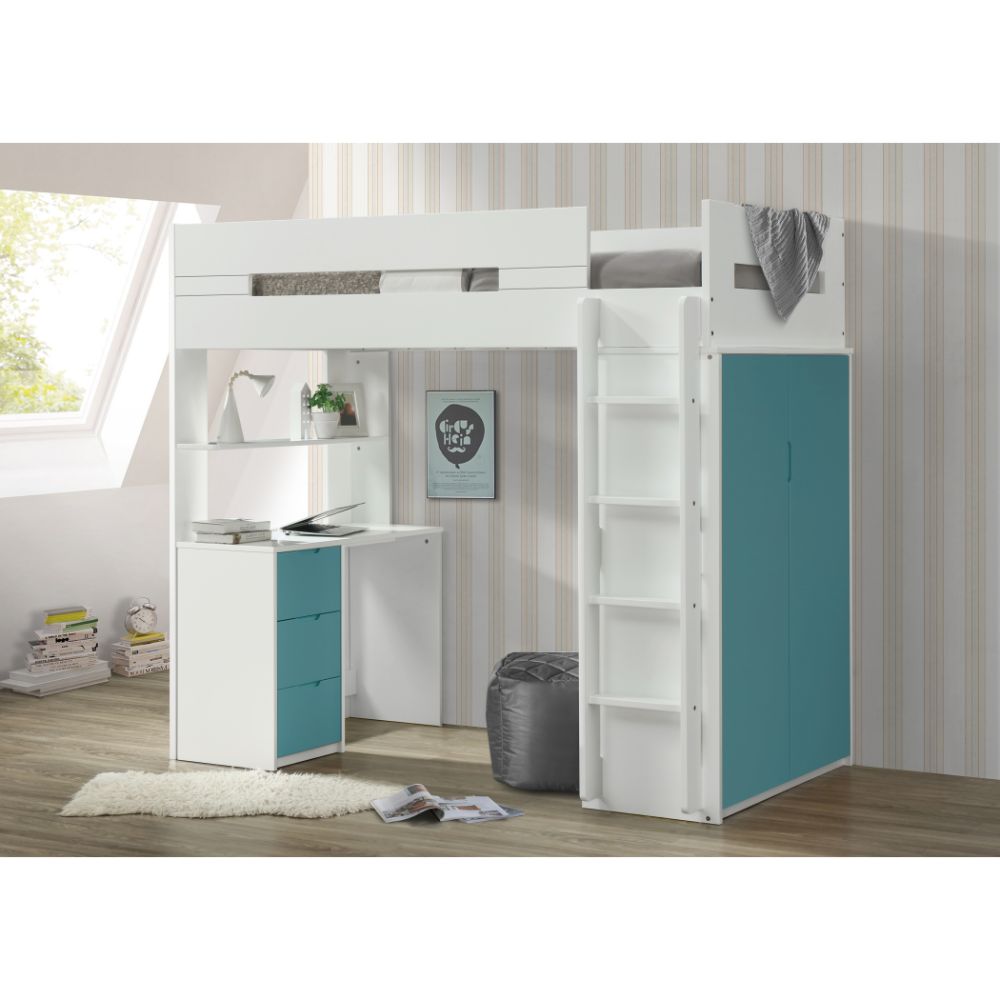 Nerice Twin Loft Bed with Desk & Wardrobe in White & Teal