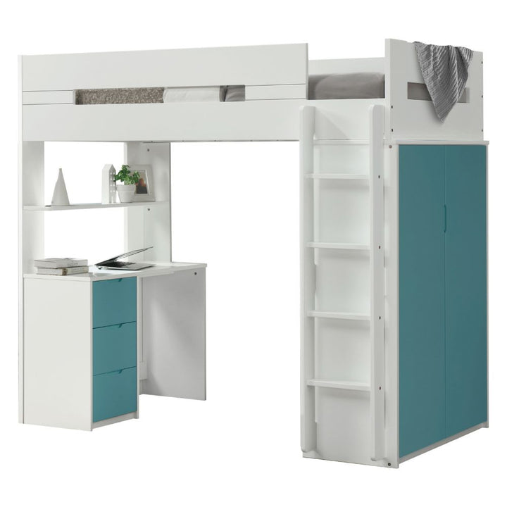 Nerice Twin Loft Bed with Desk &amp; Wardrobe in White &amp; Teal