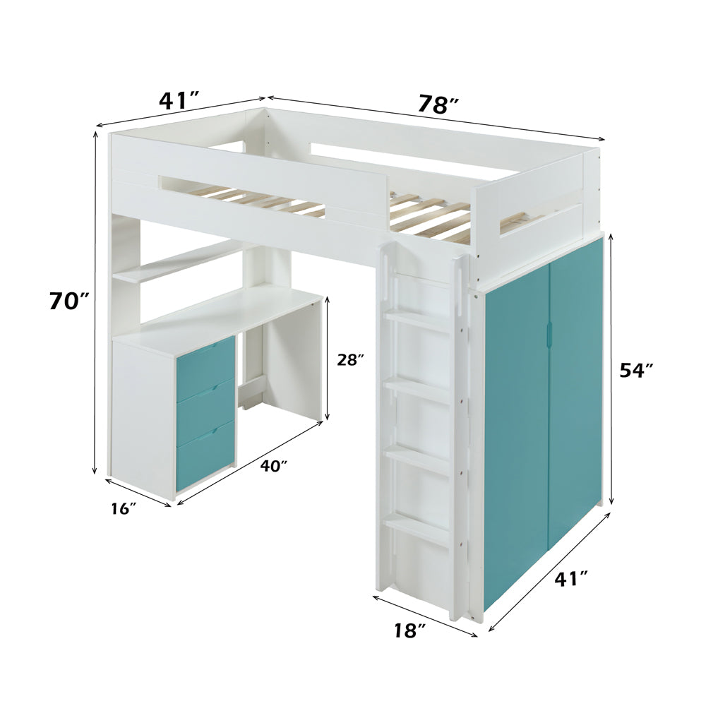 Nerice Twin Loft Bed with Desk & Wardrobe in White & Teal - dimensions