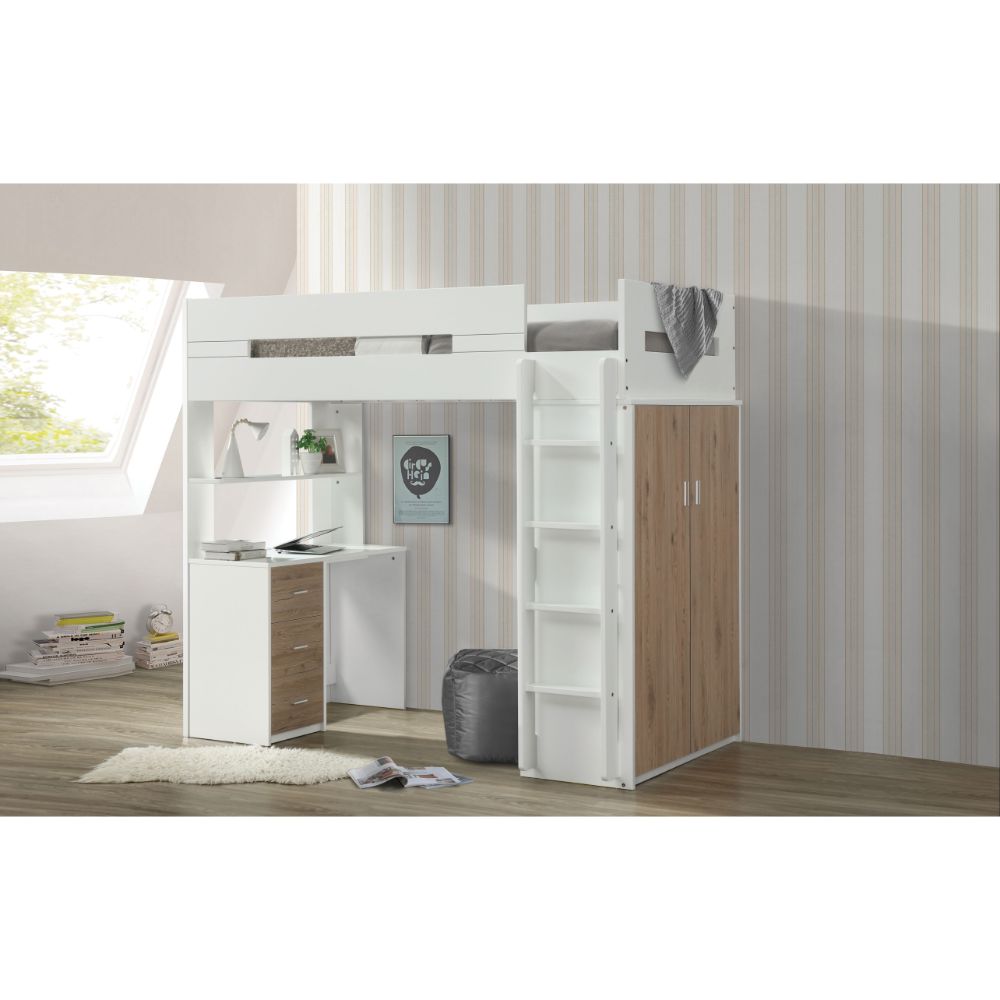 Nerice Twin Loft Bed with Desk & Wardrobe in White & Oak