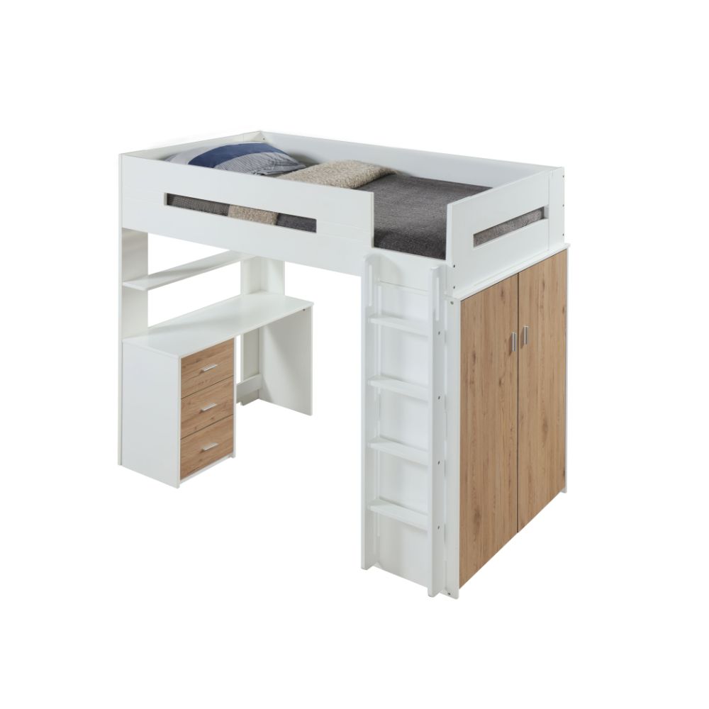 Nerice Twin Loft Bed with Desk & Wardrobe in White & Oak