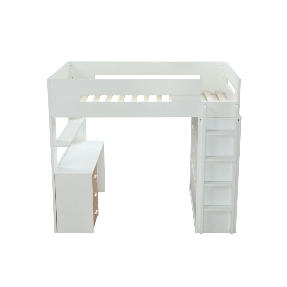 Nerice Twin Loft Bed with Desk & Wardrobe in White & Oak