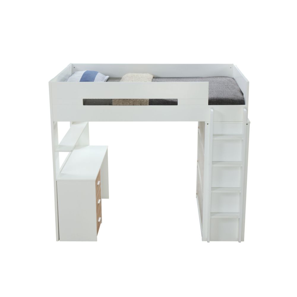 Nerice Twin Loft Bed with Desk & Wardrobe in White & Oak
