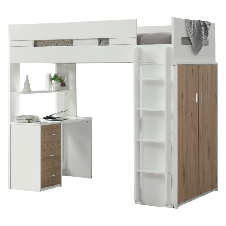 Nerice Twin Loft Bed with Desk &amp; Wardrobe in White &amp; Oak