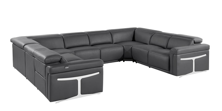 DivanItalia 1126 8-Piece U-Shaped Sectional Sofa in Top Grain Italian Leather with 4 Power Recliners &amp; Power Headrests – No Console - Dark Gray