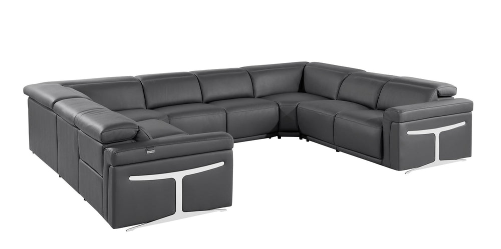 DivanItalia 1126 8-Piece U-Shaped Sectional Sofa in Top Grain Italian Leather with 4 Power Recliners & Power Headrests – No Console - Dark Gray