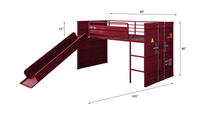 Cargo Twin Loft Bed with Slide in Red - line drawing