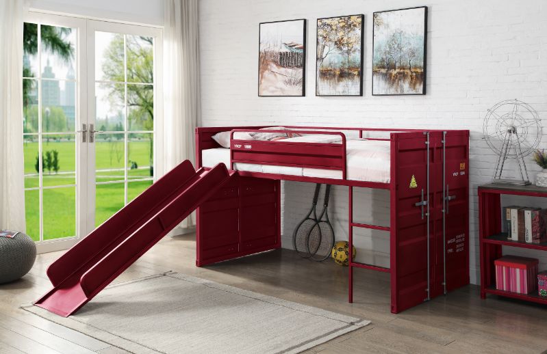 Cargo Twin Loft Bed with Slide in Red