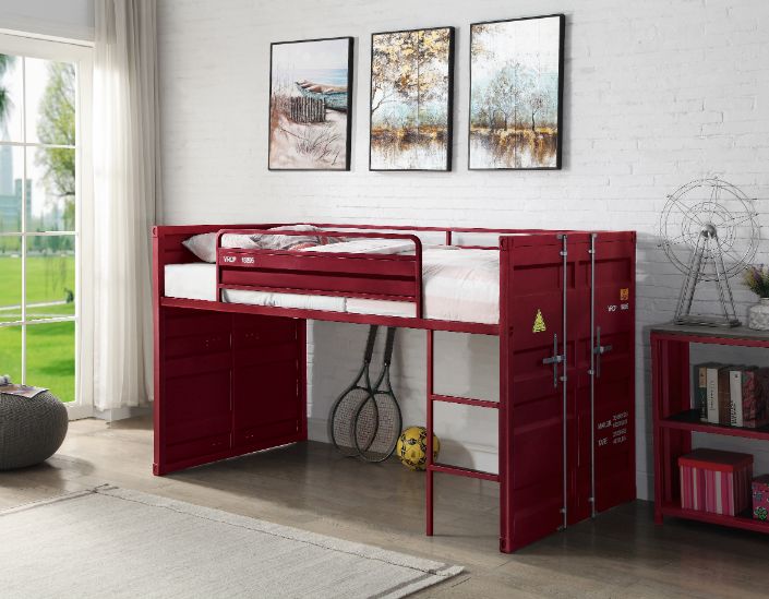 Cargo Twin Loft Bed with Slide in Red