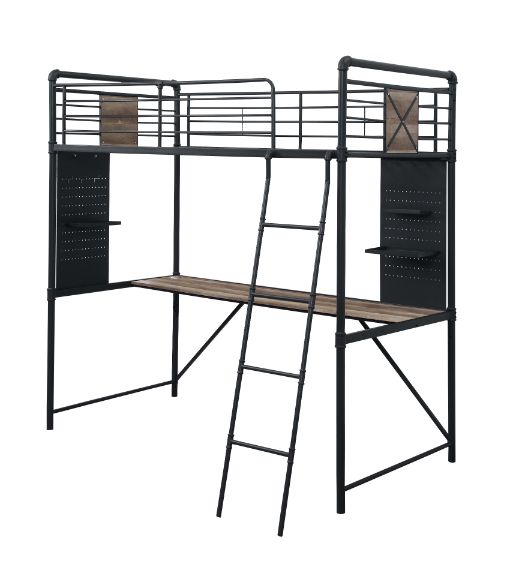 Cordelia Twin Loft Bed with Desk in Antique Oak, Sandy Black & Dark Bronze HandBrushed