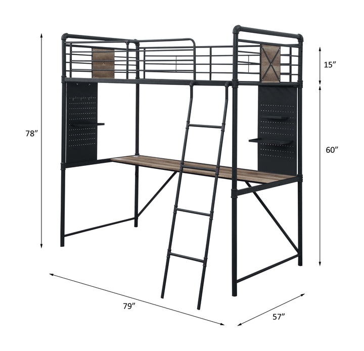 Cordelia Twin Loft Bed with Desk in Antique Oak, Sandy Black &amp; Dark Bronze HandBrushed - line drawing