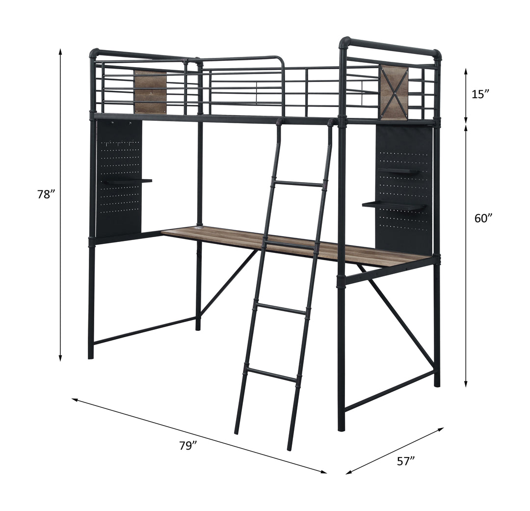 Cordelia Twin Loft Bed with Desk in Antique Oak, Sandy Black & Dark Bronze HandBrushed - line drawing