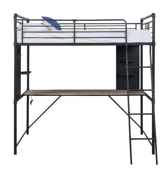 Cordelia Twin Loft Bed with Desk in Antique Oak, Sandy Black & Dark Bronze HandBrushed