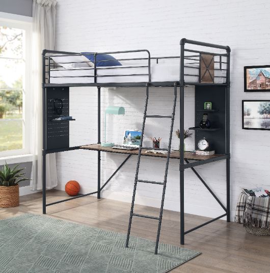 Cordelia Twin Loft Bed with Desk in Antique Oak, Sandy Black &amp; Dark Bronze HandBrushed