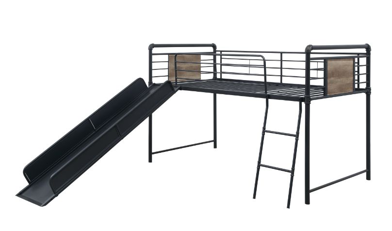 Cordelia Twin Loft Bed with Slide in Antique Oak, Sandy Black & Dark Bronze HandBrushed