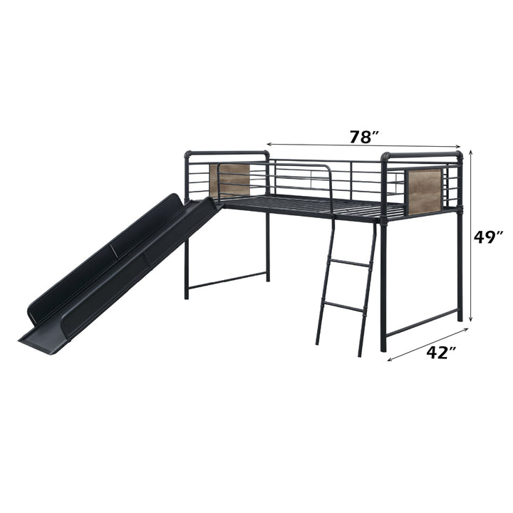 Cordelia Twin Loft Bed with Slide in Antique Oak, Sandy Black &amp; Dark Bronze HandBrushed - dimensions