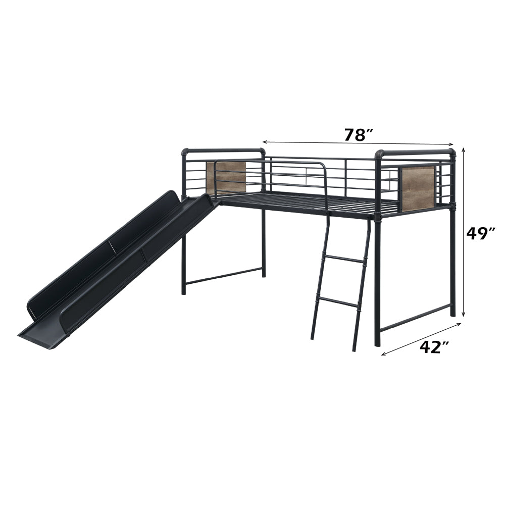 Cordelia Twin Loft Bed with Slide in Antique Oak, Sandy Black & Dark Bronze HandBrushed - dimensions