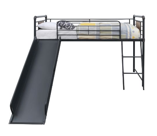 Cordelia Twin Loft Bed with Slide in Antique Oak, Sandy Black & Dark Bronze HandBrushed