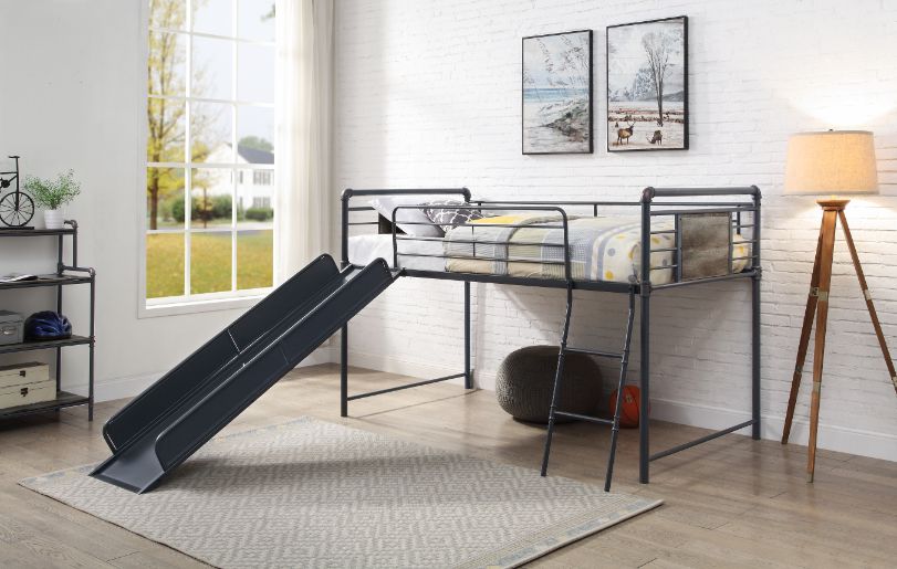 Cordelia Twin Loft Bed with Slide in Antique Oak, Sandy Black & Dark Bronze HandBrushed