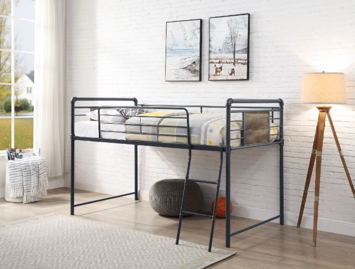 Cordelia Twin Loft Bed with Slide in Antique Oak, Sandy Black & Dark Bronze HandBrushed