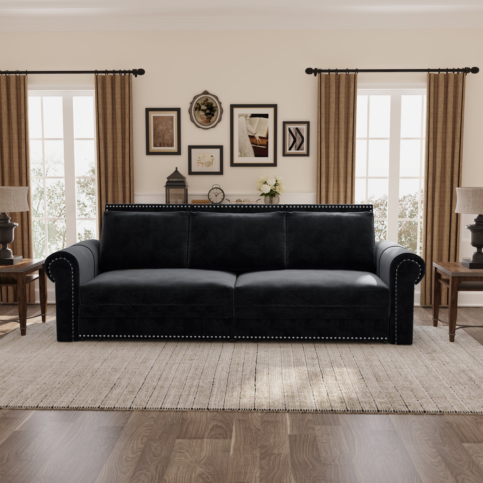 Chesterfield Convertible Sleeper Sofa with Nailhead Trim & Rolled Arm in Black