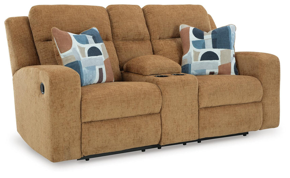 Kanlow Reclining Loveseat with Console - Light Brown (1)