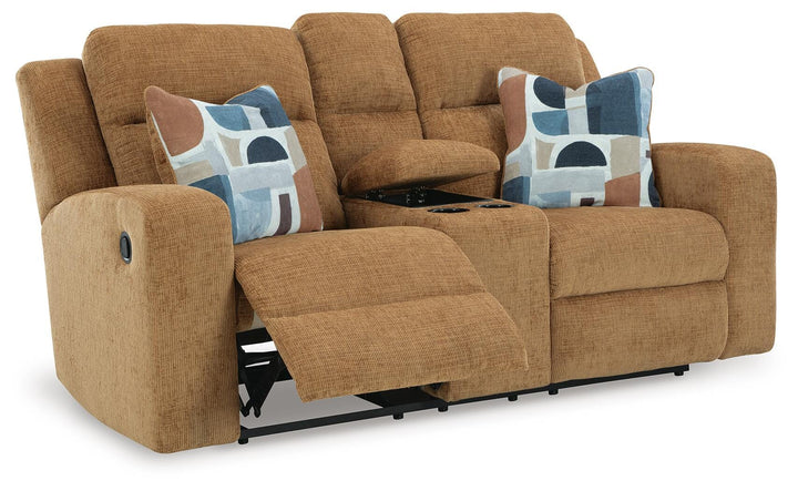 Kanlow Reclining Loveseat with Console - Light Brown (3)