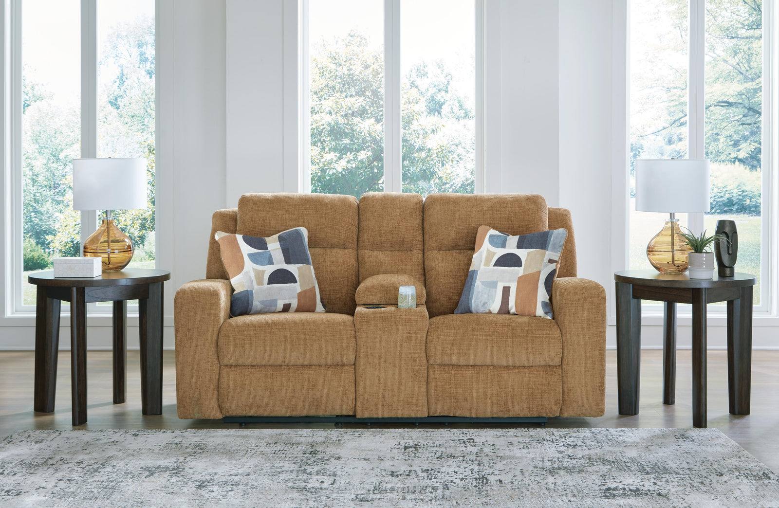 Kanlow Reclining Loveseat with Console - Light Brown (2)
