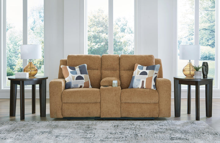 Kanlow Reclining Loveseat with Console - Light Brown (2)