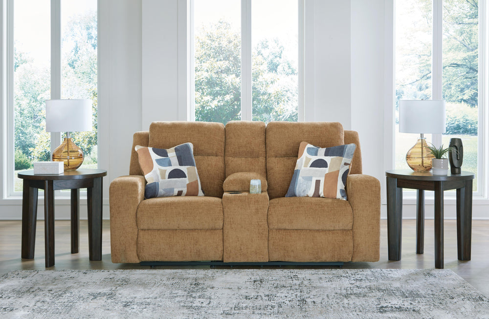 Kanlow Reclining Loveseat with Console - Light Brown (2)