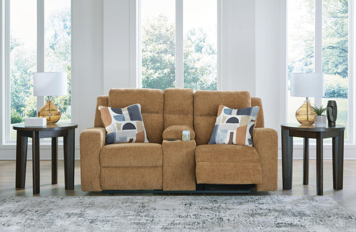 Kanlow Reclining Loveseat with Console - Light Brown (6)
