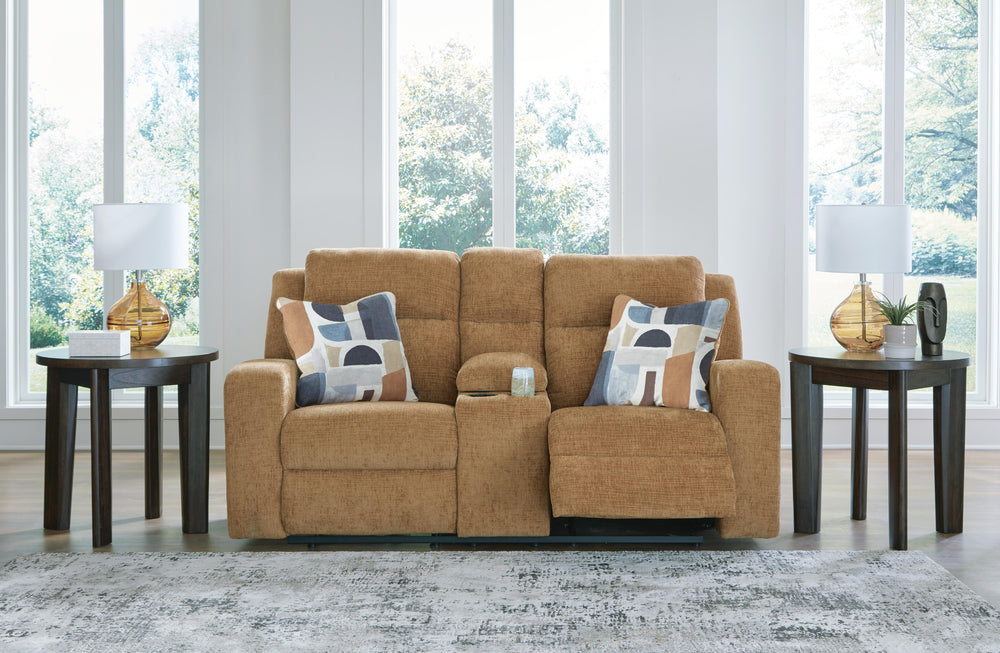 Kanlow Reclining Loveseat with Console - Light Brown (6)