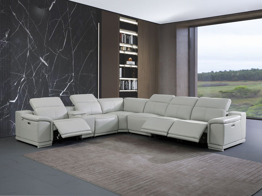 DivanItalia 9762 7-Piece L Shaped Top Grain Italian Leather Sectional Sofa with 3 Power Recliners - Light Gray