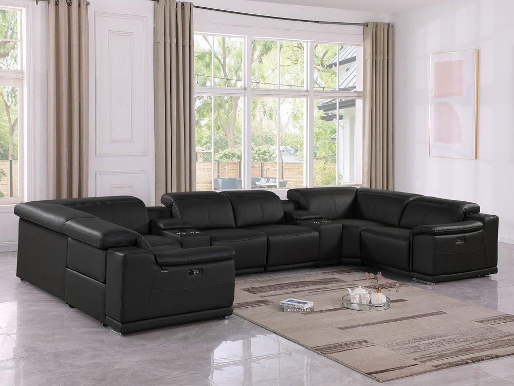 DivanItalia 9762 8-Piece U Shaped Top Grain Italian Leather Sectional Sofa with 2 Power Recliners - Black
