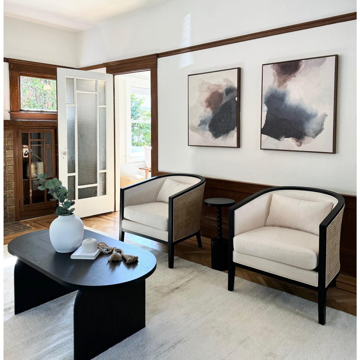 Tillman Linen Accent Arm Chair Black Frame with Rattan - Shortbread/Natural - view 2