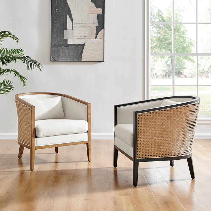 Tillman Linen Accent Arm Chair Black Frame with Rattan - Shortbread/Natural