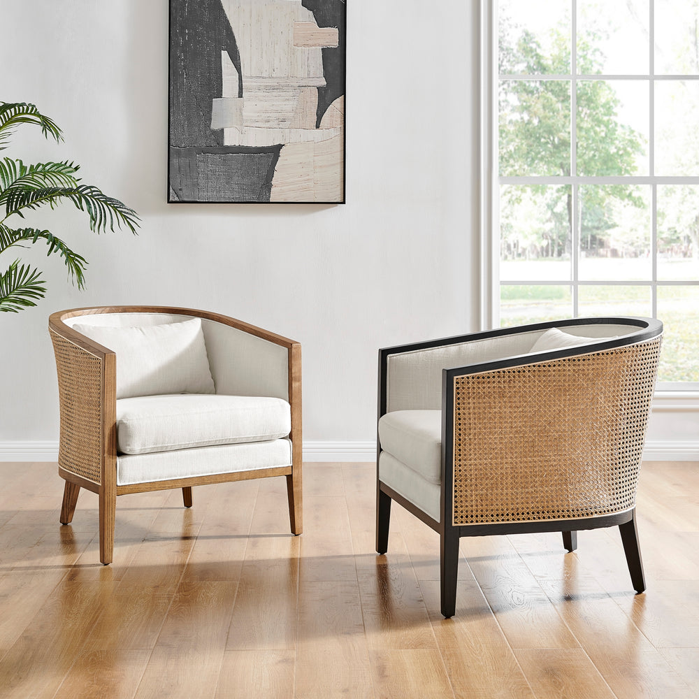Tillman Linen Accent Arm Chair Black Frame with Rattan - Shortbread/Natural