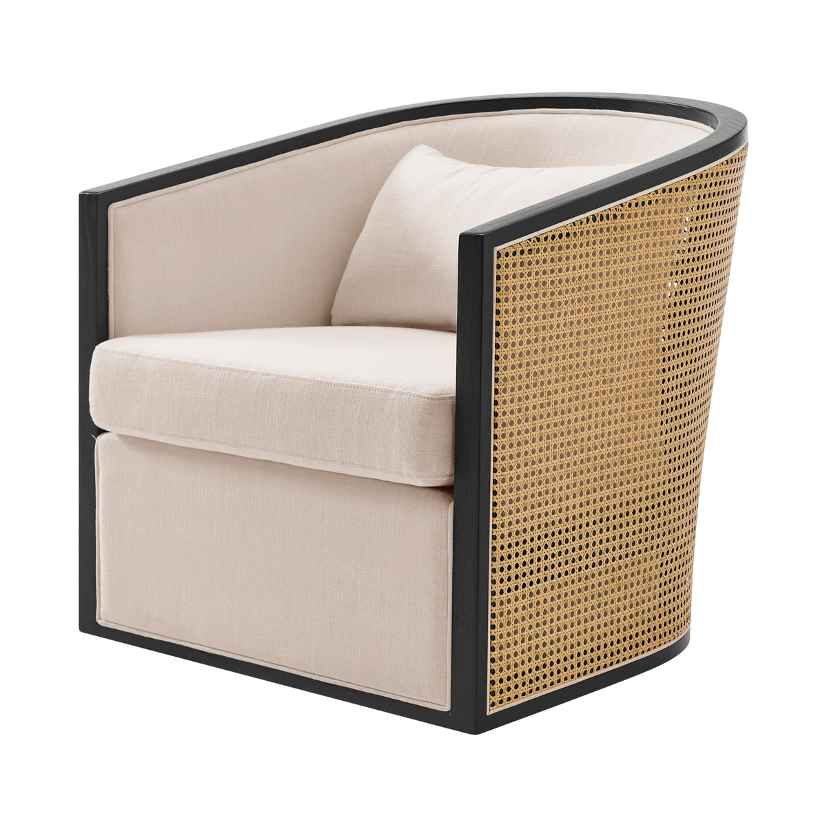 Marilyn Linen Swivel Accent Arm Chair with Rattan Black Frame - Shortbread/Natural