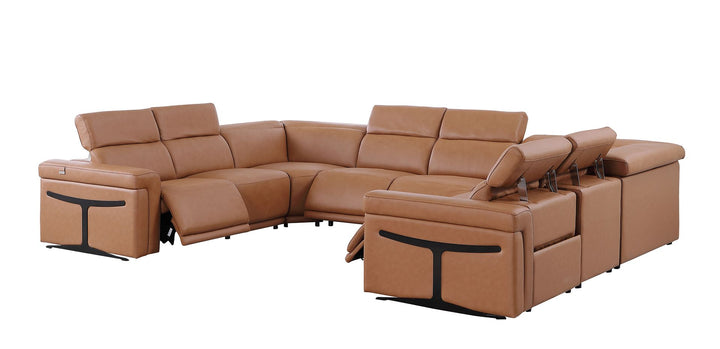 DivanItalia 1126 8-Piece U-Shaped Sectional Sofa in Top Grain Italian Leather with 4 Power Recliners &amp; Power Headrests – No Console - Cognac