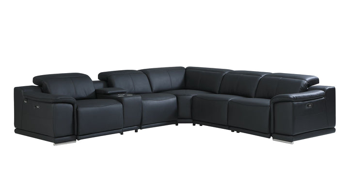 DivanItalia 9762 6-Piece L Shaped Top Grain Italian Leather Sectional Sofa with 3 Power Recliners - Black