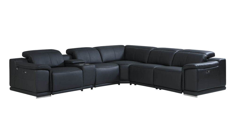 DivanItalia 9762 6-Piece L Shaped Top Grain Italian Leather Sectional Sofa with 3 Power Recliners - Black