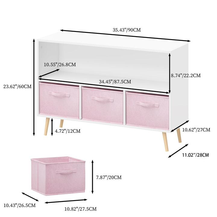 modern-kids-bookcase-with-collapsible-fabric-drawers-childrens-book-display-toy-storage-white-pink-mdf-pine-legs