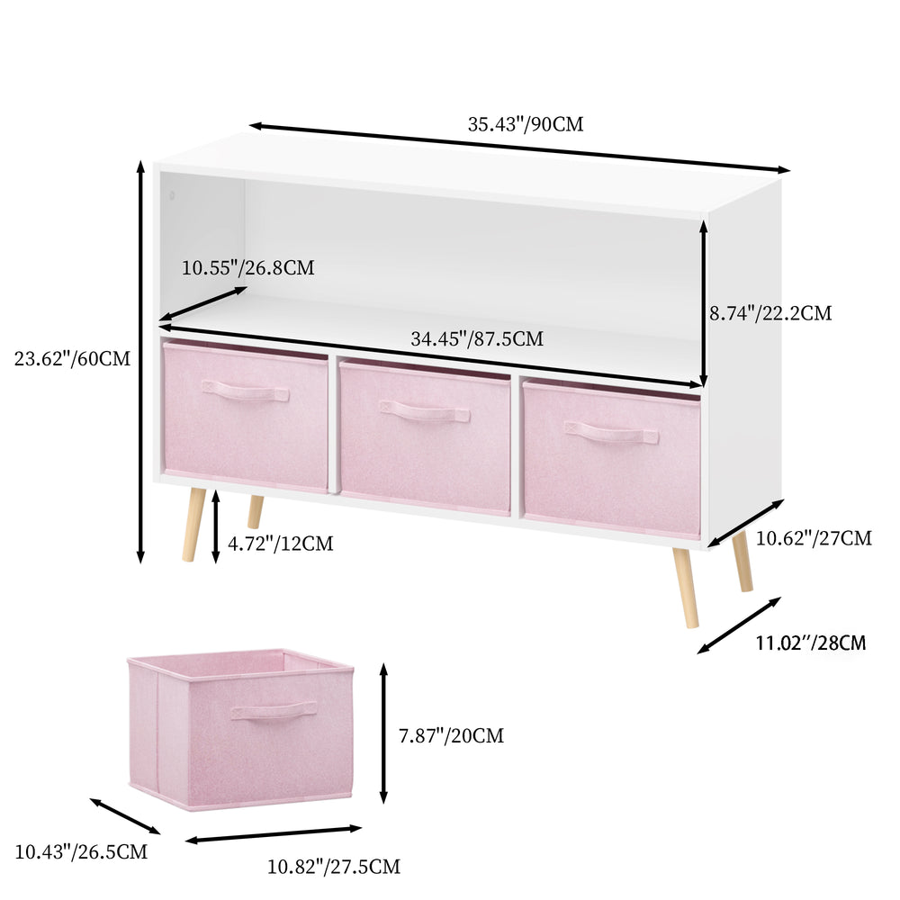 modern-kids-bookcase-with-collapsible-fabric-drawers-childrens-book-display-toy-storage-white-pink-mdf-pine-legs