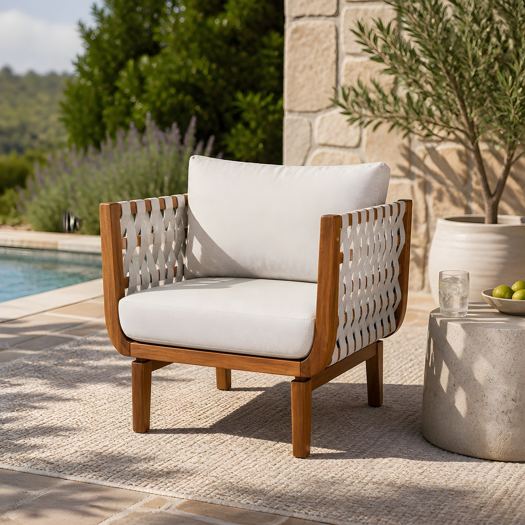 31.3" Rope Acacia Outdoor Club Chair – Teak/Beige