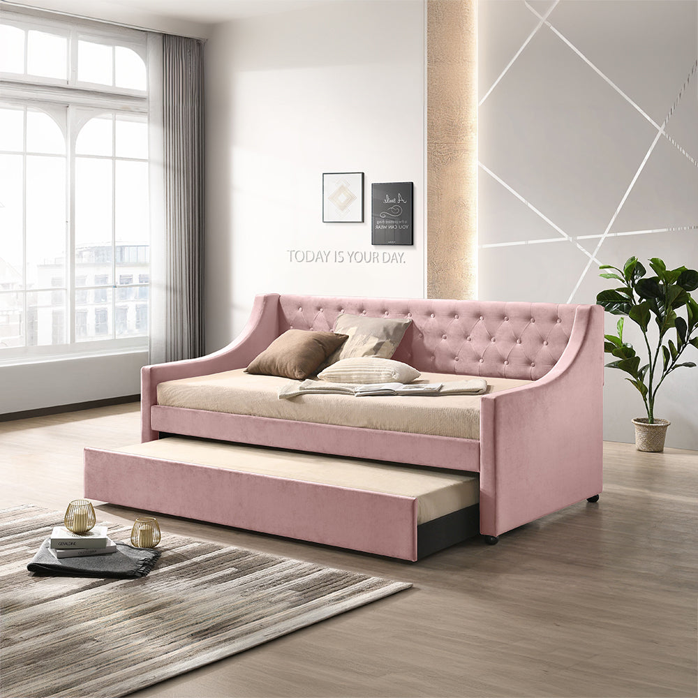 Lianna Daybed with Trundle (Twin) in Pink Velvet
