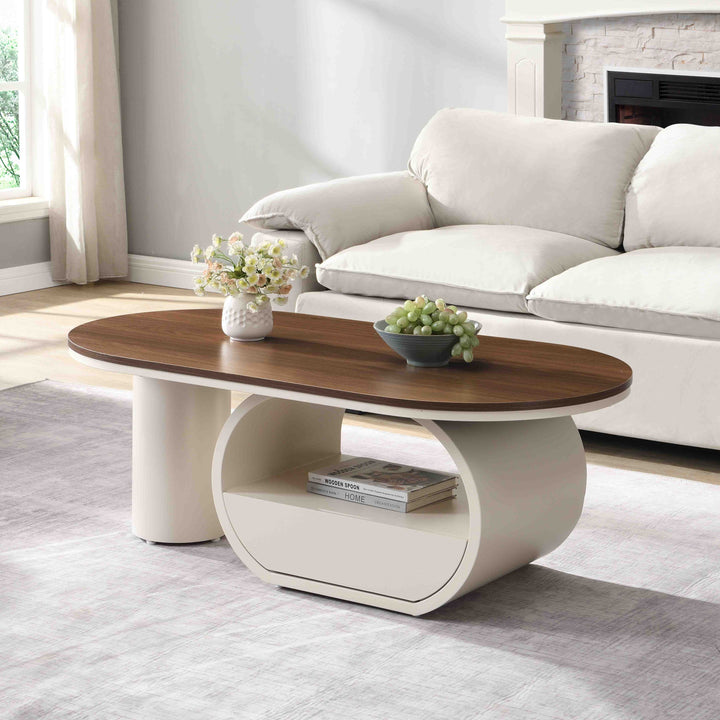 Luxury Oval Coffee Table with Storage Drawer, White Metal Center Table