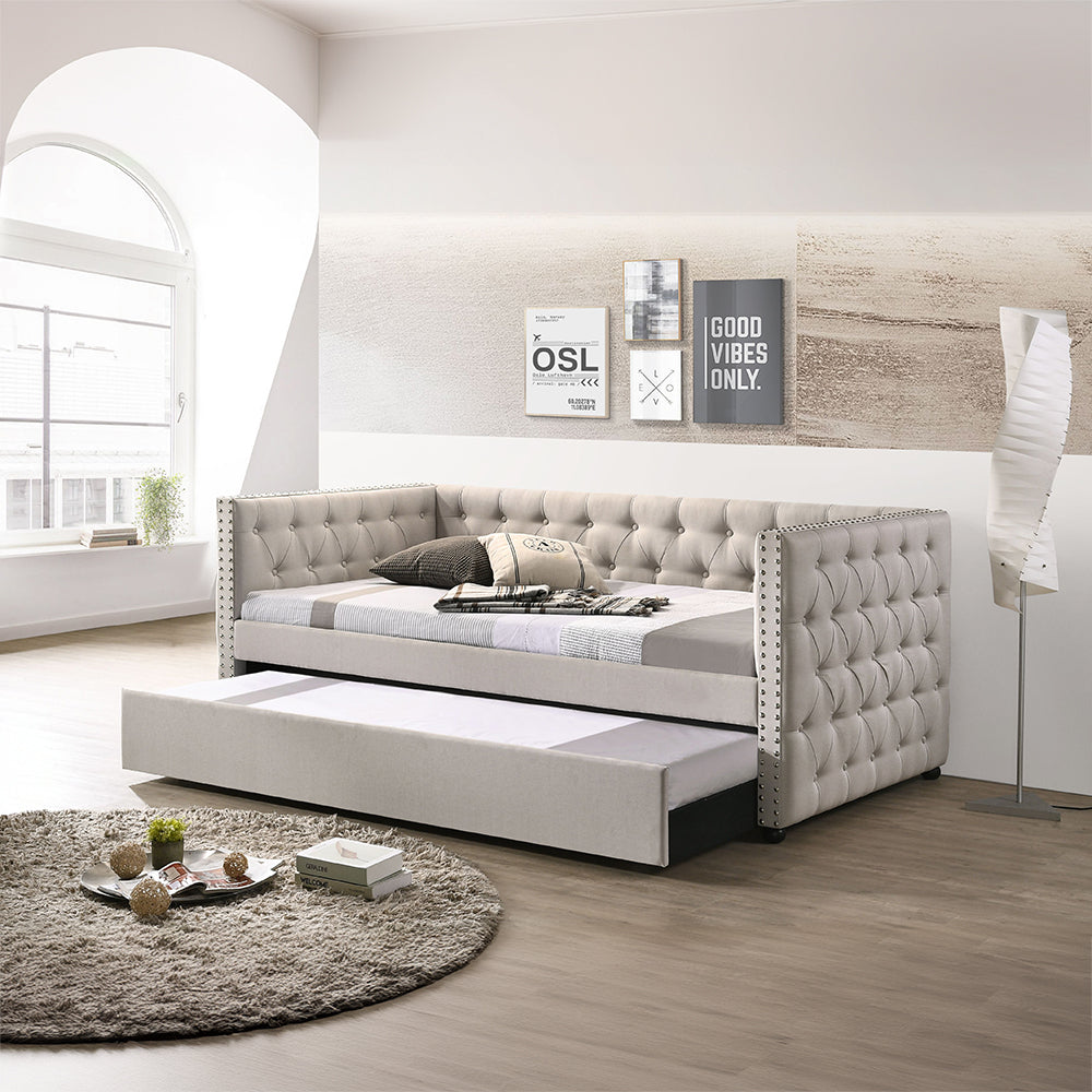 Romona Daybed with Trundle (Full) in Beige Velvet