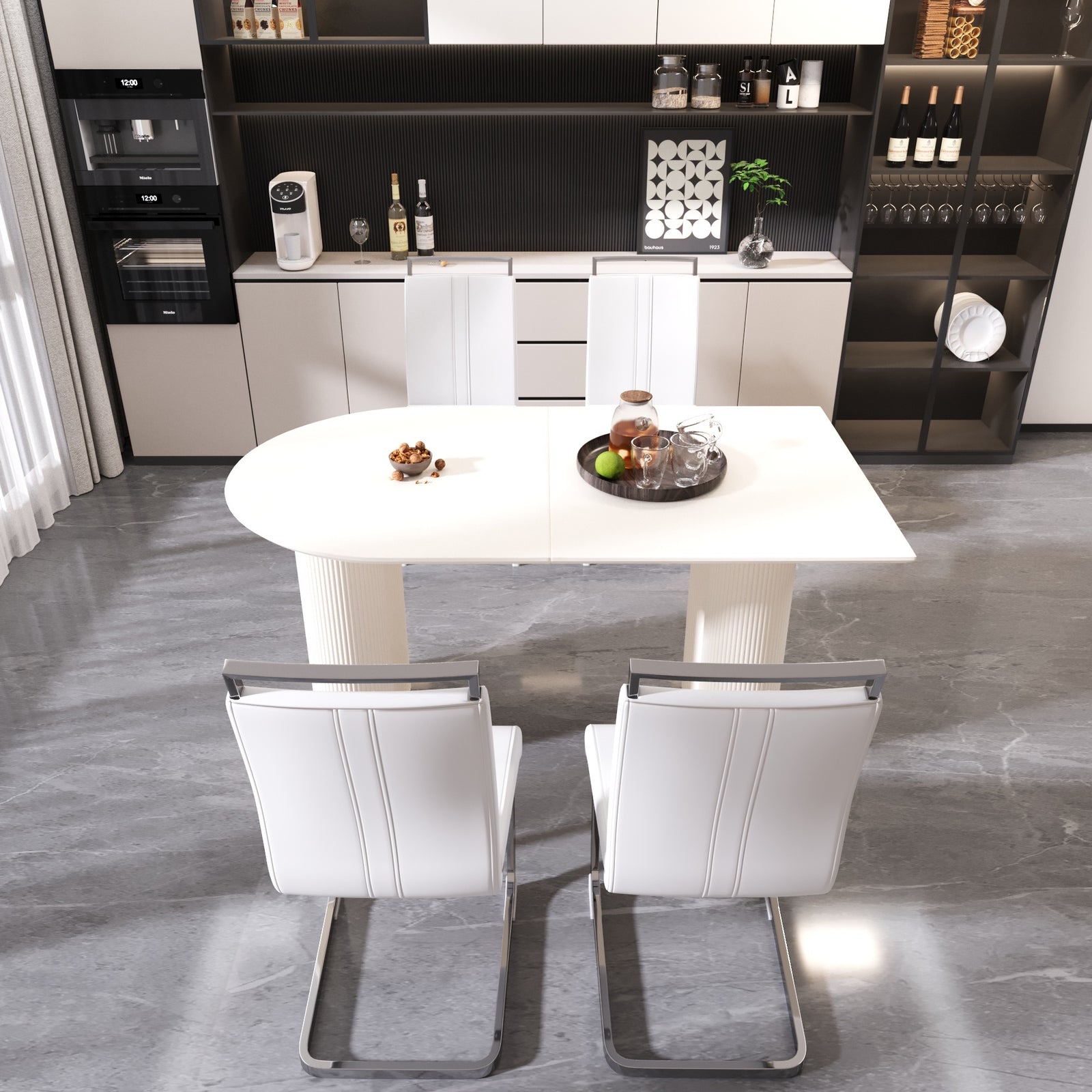 63" Medieval Modern Cream Dining Table and 4 PU Leather Armless Chairs with Silver Metal Legs - Cream & White